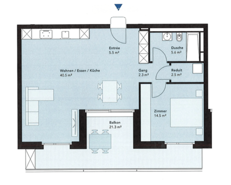 Floor plan of a 2-room apartment with a living/dining/kitchen area, bedroom, bathroom, hallway, and balcony.