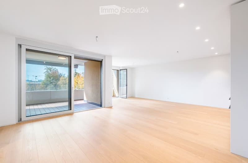 Empty room with light wooden flooring, white walls, and large sliding glass doors leading to a balcony.
