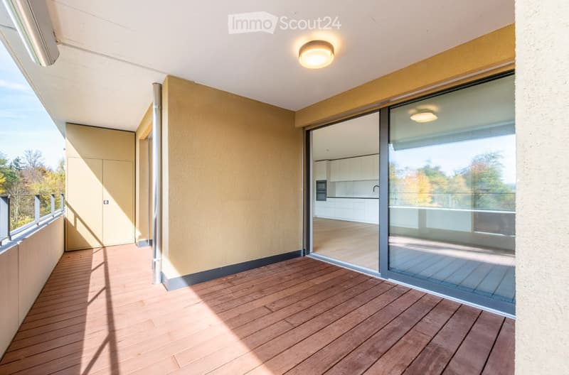 Modern balcony with wooden flooring, large glass sliding doors leading to a kitchen area, and a view of trees.