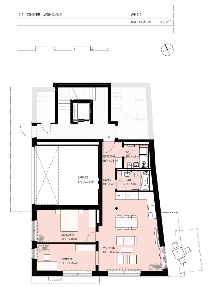 Floor plan of a 3.5-room apartment with living room, bedroom, bathroom, hallway, garage, and technical room.