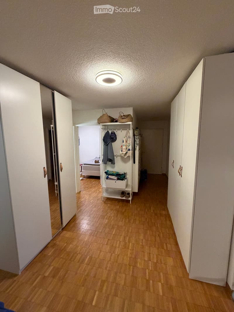 A narrow hallway with wooden flooring, white walls, and built-in storage units on both sides. A small shelf with coats and bags is visible in the background, leading to another room.