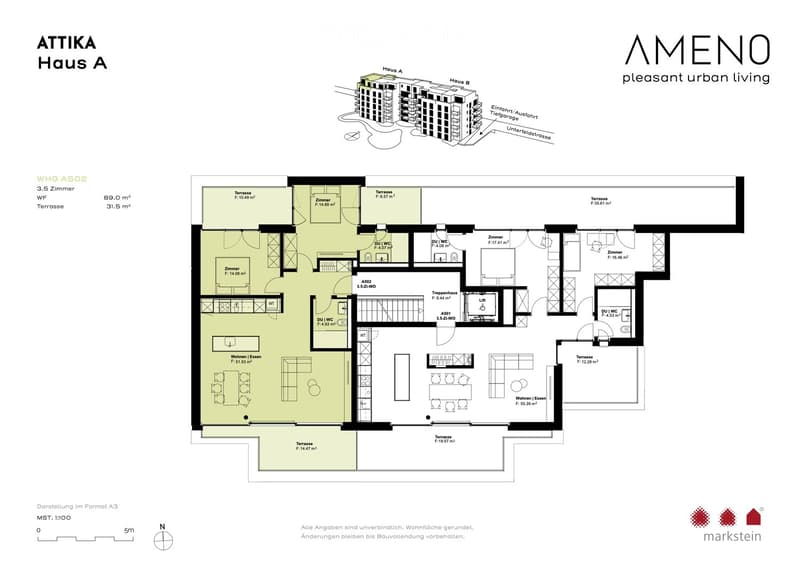 Floor plan of a 3.5-room apartment with89.0 m² living space and 31.5 m² terrace. Layout includes living/dining area, kitchen, three bedrooms, two bathrooms, and multiple terraces.