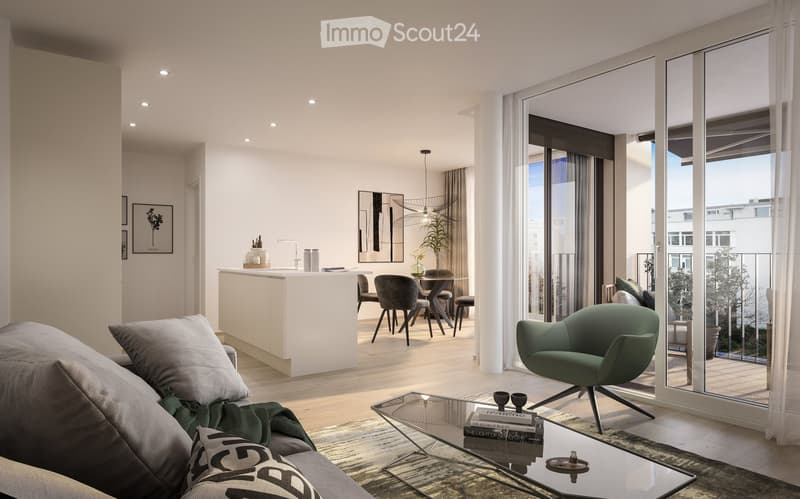 Modern, open-concept living and dining area with large windows and balcony access. Features a grey sofa, glass coffee table, dining table with chairs, and a kitchen island.