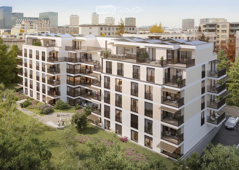 Modern multi-story residential building with balconies, large windows, and solar panels on the roof, surrounded by greenery and urban skyline.