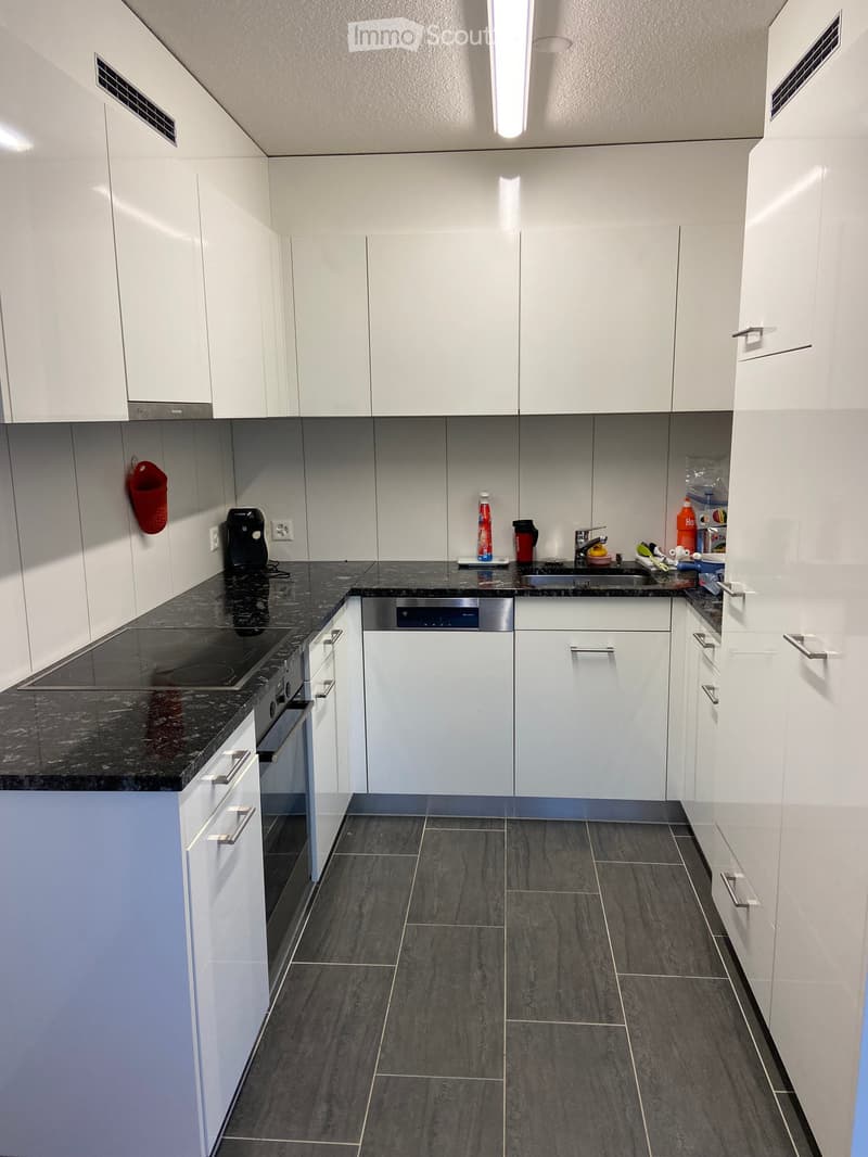 Modern kitchen with white cabinets, black granite countertops, and dark grey tiled flooring. Features an induction stove, oven, dishwasher, and sink.