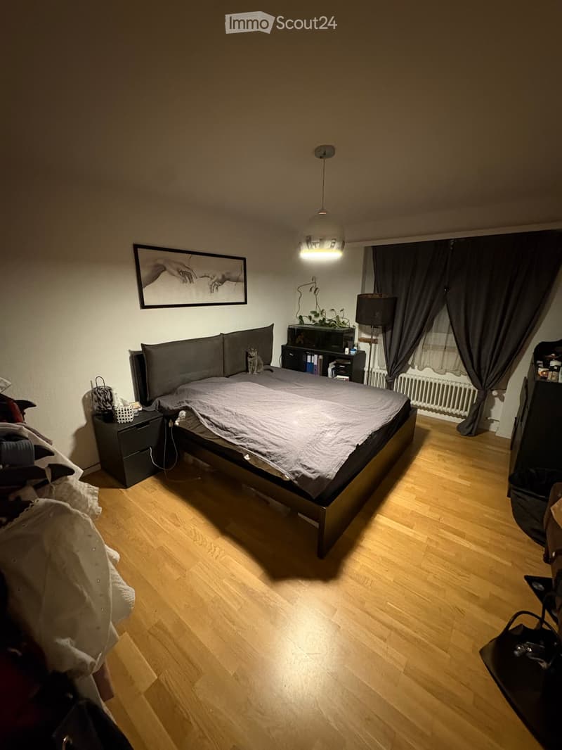 A modern bedroom with a large bed, nightstand, lamp, and a picture frame on the wall. The room features wooden flooring and large windows with dark curtains.