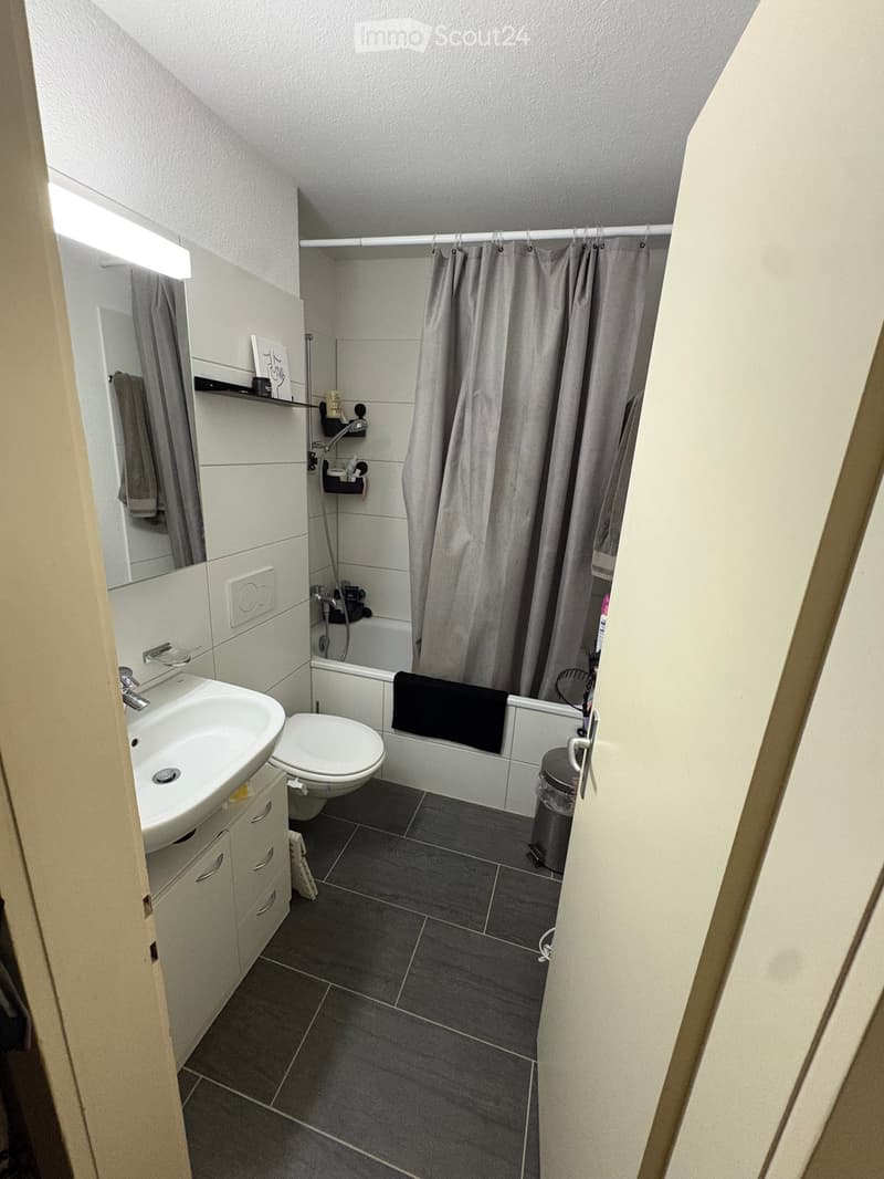 Modern bathroom with a sink, toilet, bathtub, and mirror. Features grey tiles, a shower curtain, and a small cabinet.