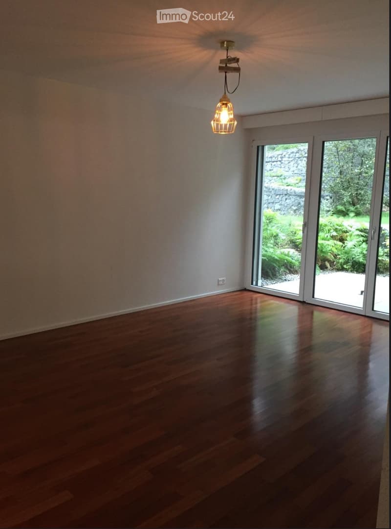 Empty room with wooden flooring, large sliding glass doors leading to a garden, and a hanging light fixture.