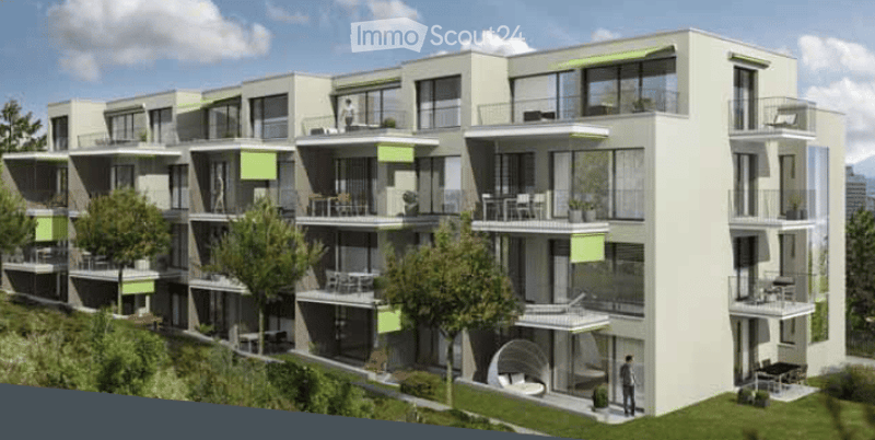 Modern multi-story residential building with balconies, large windows, and greenery around the base.