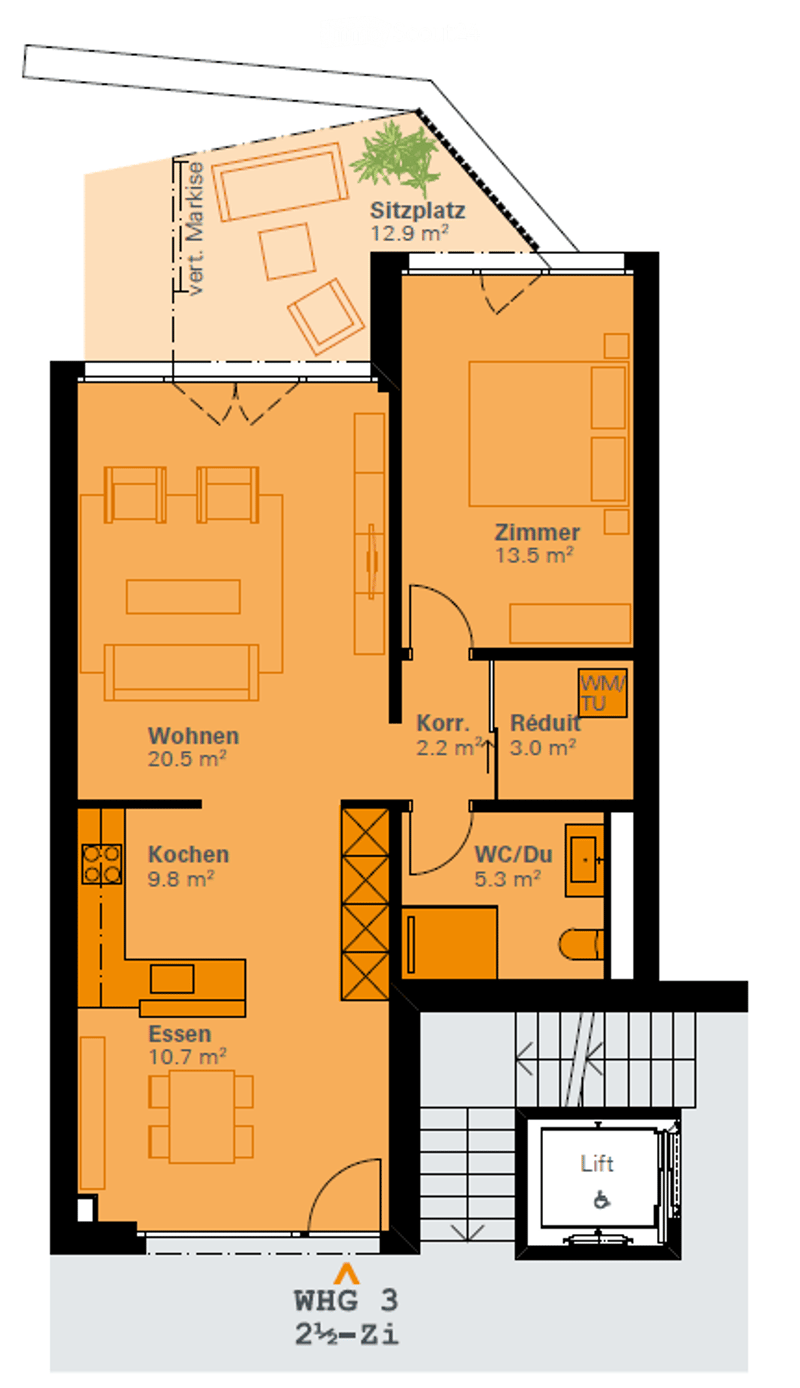 Floor plan of a 2-room apartment with living area, kitchen, dining area, bedroom, hallway, and bathroom.