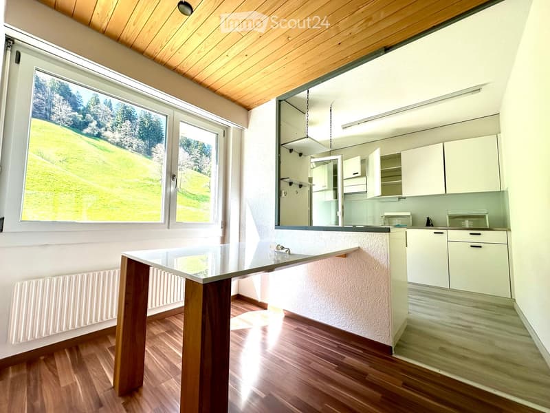 Bright kitchen with white cabinets, wooden floor, large windows overlooking a green landscape, and a central island with a glass countertop.