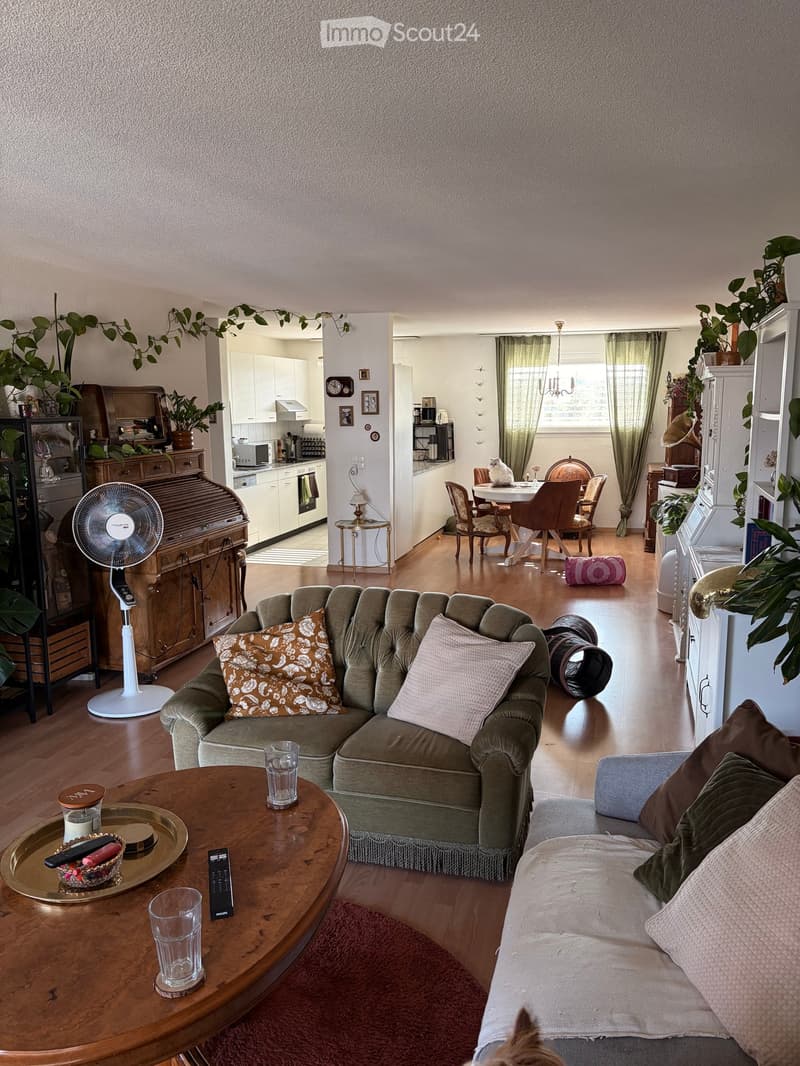 A cozy living room with a green sofa, coffee table, and a fan. The room is connected to a dining area with a table and chairs, and a kitchen with white cabinets and appliances.