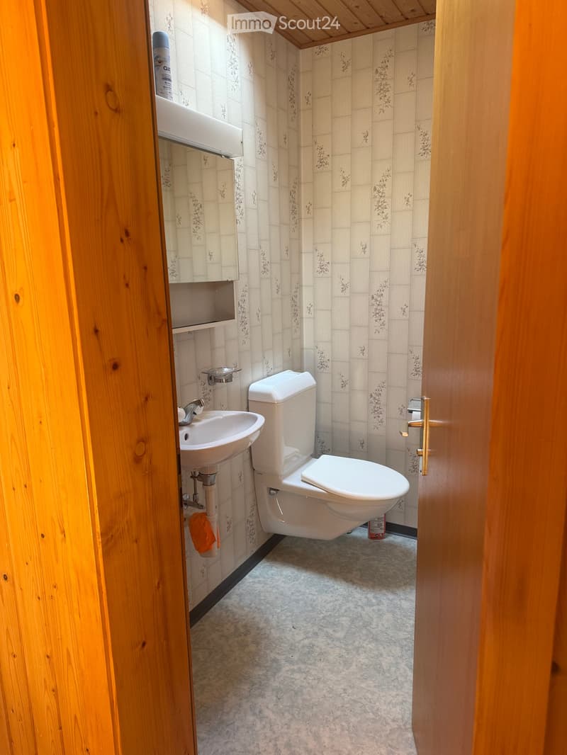 Small bathroom with a toilet, sink, mirror, and wooden walls. The floor is tiled, and a towel hangs on the wall.