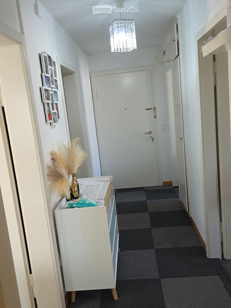 A clean, modern hallway with white walls, grey carpeted floor, and a chandelier hanging from the ceiling. A small white console table with a vase of dried flowers and a decorative item sits against one wall, with framed pictures displayed above it. Severa