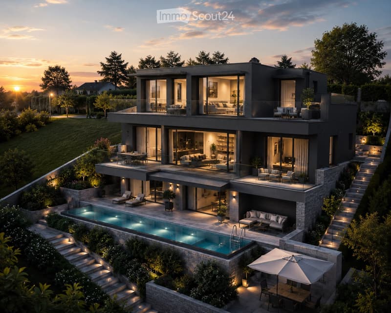 Modern two-story house with large glass windows, multiple terraces, swimming pool, outdoor seating, and well-lit landscaping.