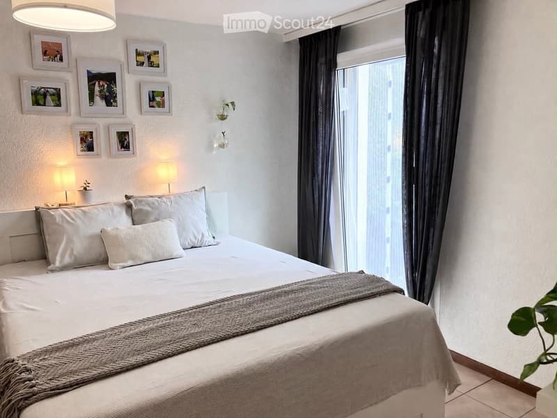 Modern bedroom with a large bed, multiple pillows, a grey throw blanket, two table lamps, picture frames on the wall, and a small plant on the windowsill.