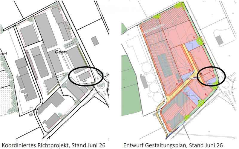 Floor plan of a residential area showing building outlines, labeled zones, and surrounding green spaces.