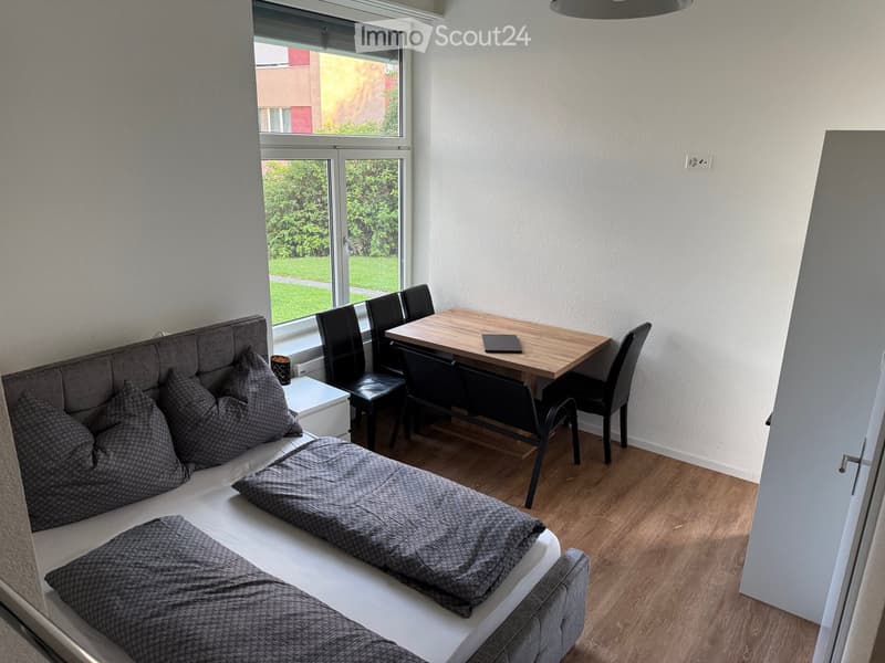 A compact living space with a sofa, a small dining table, and chairs, featuring large windows with a view of greenery.
