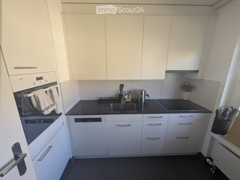 Modern kitchen with white cabinets, black countertops, stainless steel appliances, and a sink with a faucet.