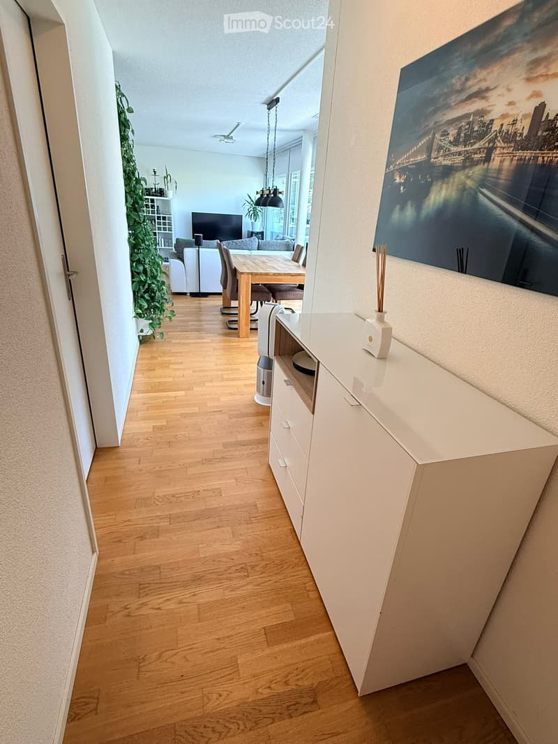 Open-plan living and dining area with wooden flooring, white cabinetry, sofa, dining table, chairs, TV, and decorative plants.