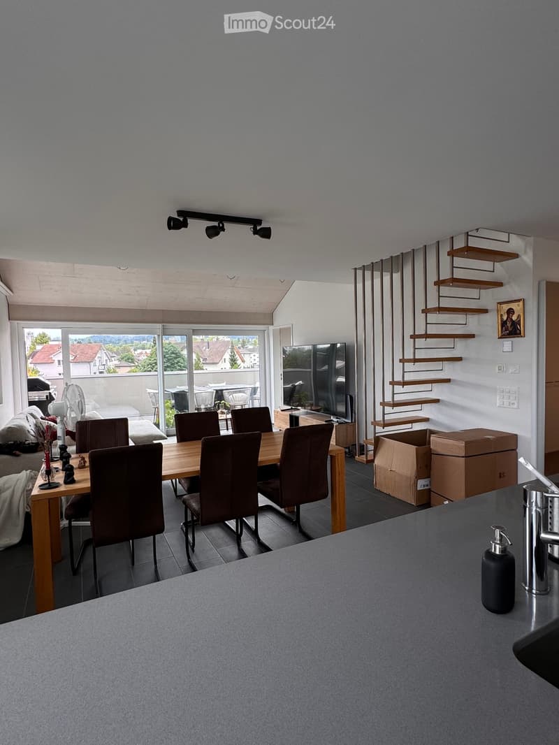 Modern open-plan living and dining area with a wooden dining table, six chairs, a sofa, a fan, and a kitchen counter with a faucet and sink. The room features large windows with a view of the outdoor area and shelves on the wall.