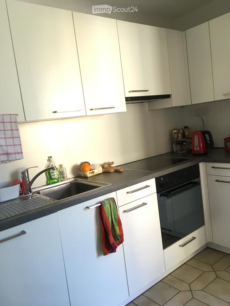 Modern kitchen with white cabinets, stainless steel sink, oven, and various kitchen items on the counter.