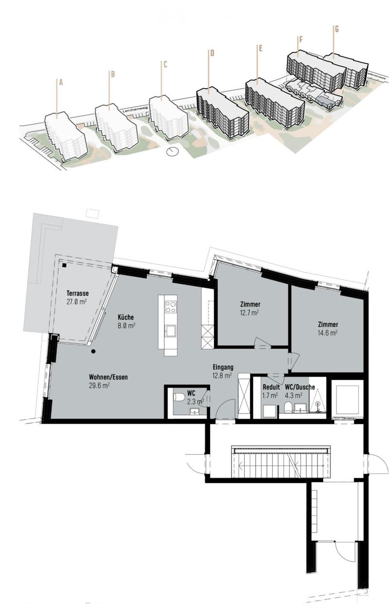 Floor plan of a residential unit with a living/dining area, kitchen, two bedrooms, a WC, a small study, and a terrace.