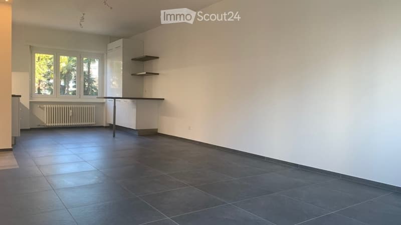 Empty kitchen with white cabinets, dark tiled floor, large windows, and a radiator under the windows.