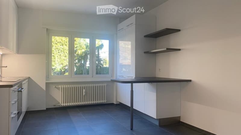 Modern kitchen with white cabinets, a central island table, a sink, an oven, and built-in shelves. The space features large windows with a view of greenery outside and a radiator below the windows.