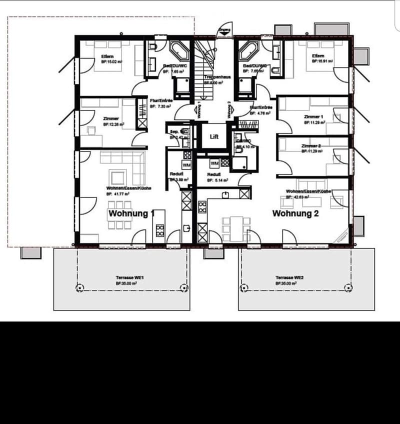 Floor plan of a two-apartment building with two terraces, each apartment includes living/dining/kitchen area, bedrooms, bathrooms, and separate entrances.