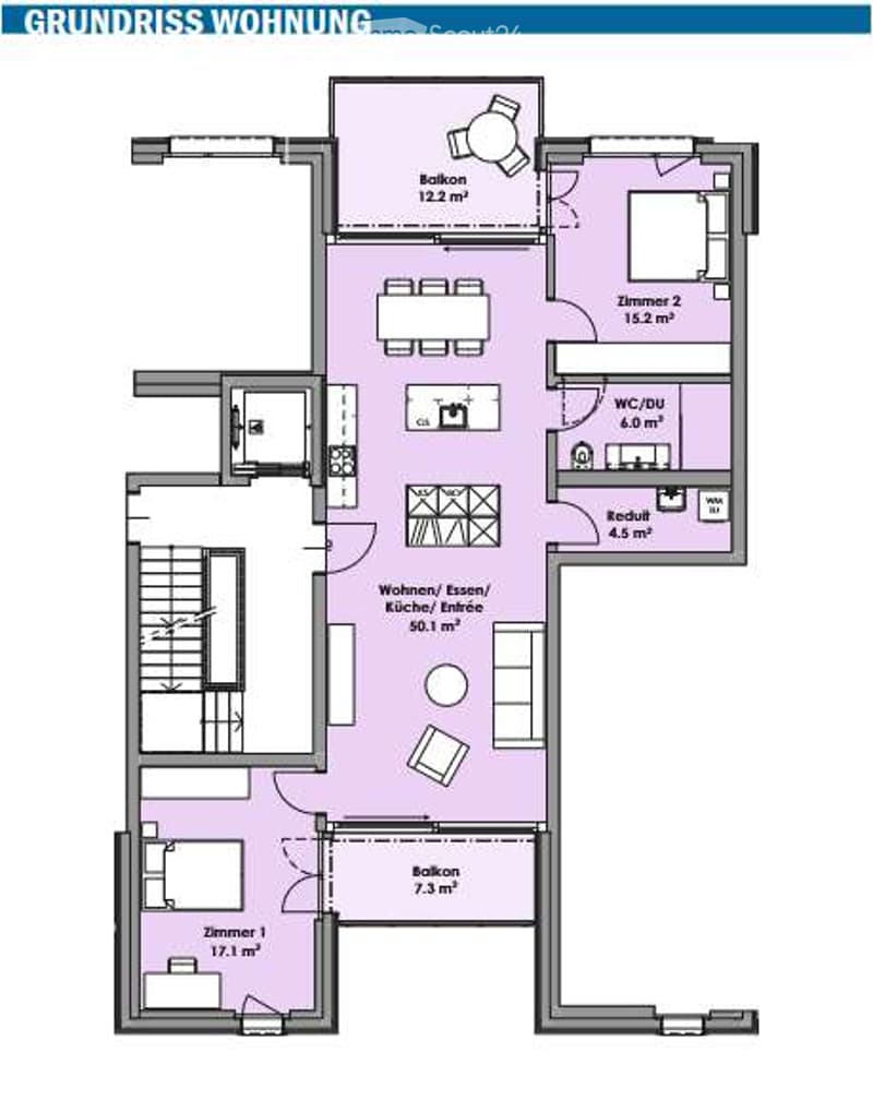 Floor plan of a 2-room apartment with a kitchen/living room, two bedrooms, a bathroom, and two balconies.