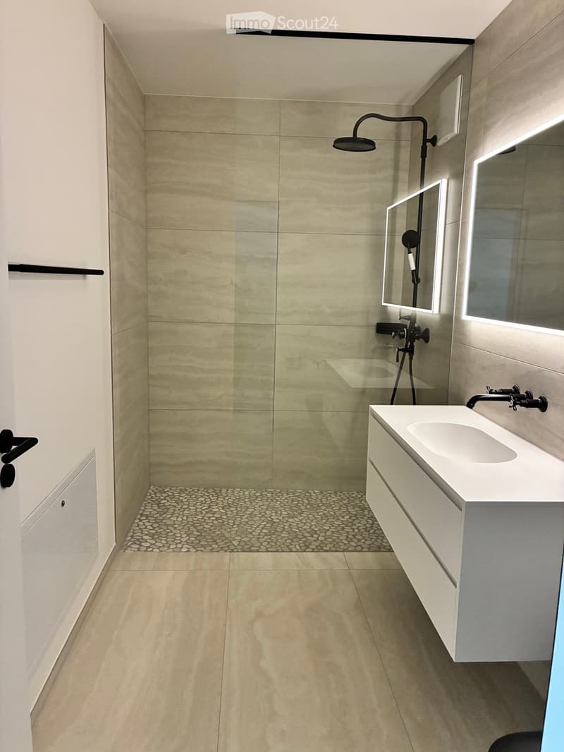 Modern bathroom with a white sink, black faucet, large mirror, and a glass-enclosed shower with a black showerhead. The floor features a pebble tile design in the shower area and beige tiles in the rest of the room.