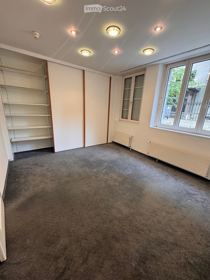 Empty room with grey carpet, white walls, built-in shelving unit, and large windows with white frames. Radiators are visible under the windows.