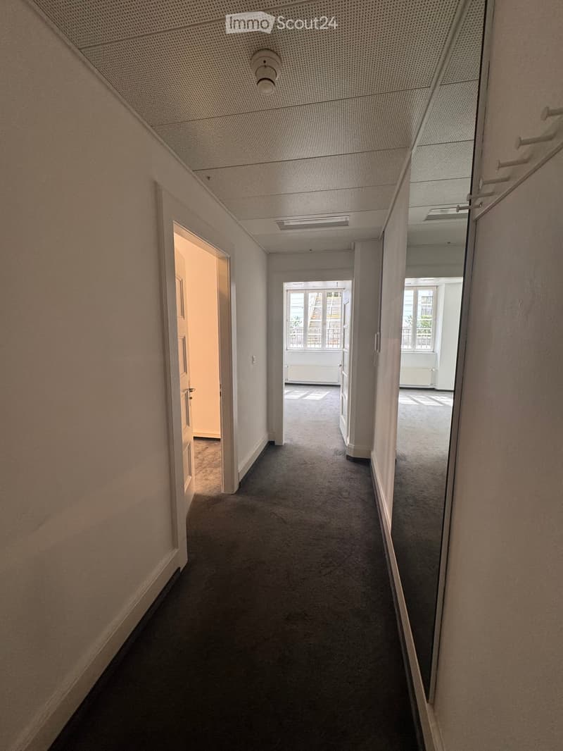 Empty hallway with carpeted floor, white walls, and several doors leading to rooms. Natural light comes from windows at the end of the corridor.
