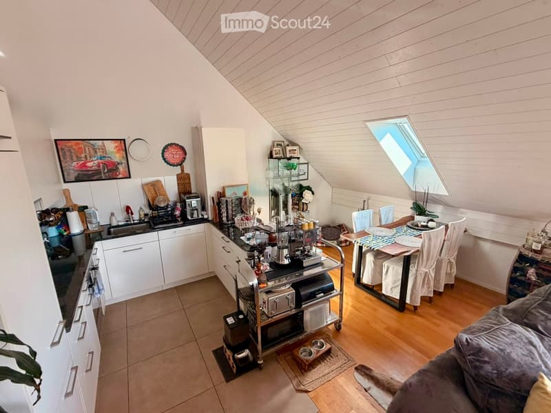 A modern, open-plan kitchen and living area with white cabinets, a central island, a dining table with chairs, and a comfortable sofa. The space features wooden flooring, a skylight window, and various kitchen appliances.