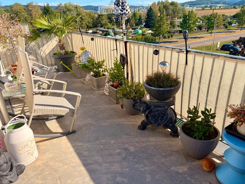 A well-maintained balcony with wicker chairs, a glass table, multiple potted plants, and decorative items including an elephant statue and a white milk jug.
