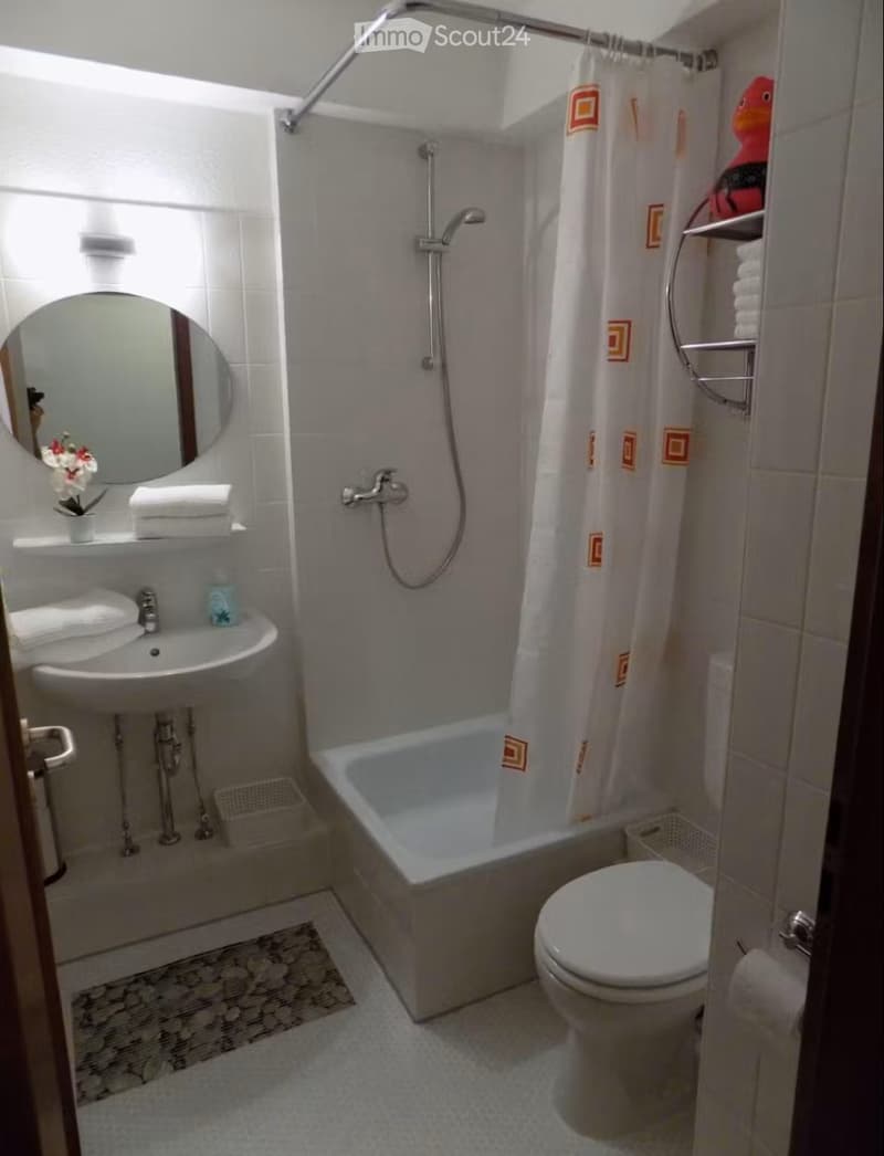 Modern bathroom with a bathtub, toilet, sink, mirror, and shower curtain. Includes towels, a small flower arrangement, and a decorative rug on the floor.