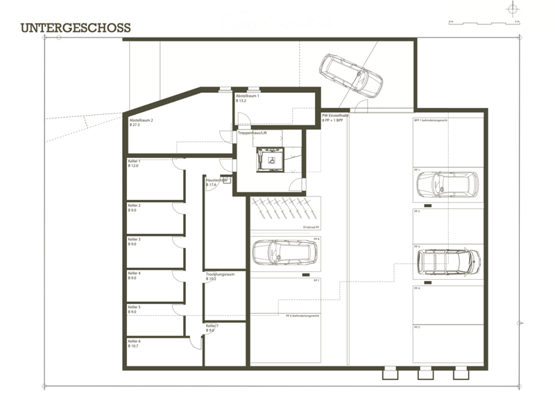 Floor plan of the basement level showing multiple storage rooms, a technical room, a staircase/lift, and parking spaces.