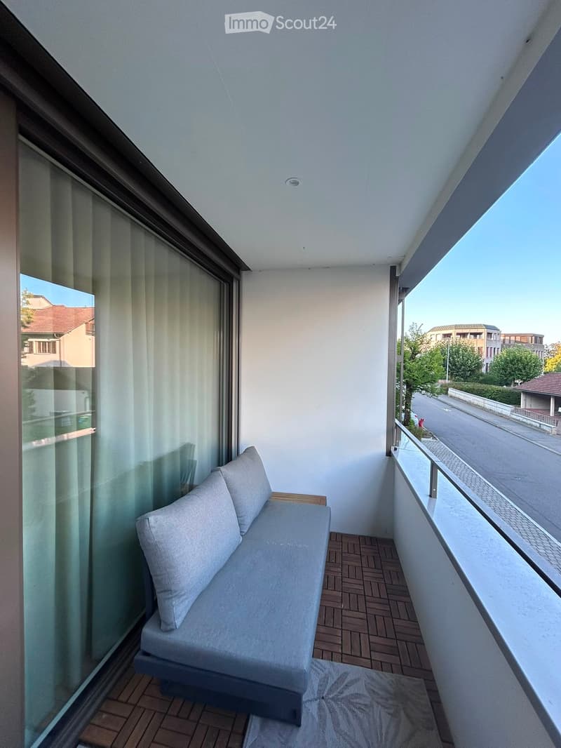 Balcony with a grey sofa, two pillows, and a small rug, overlooking a street with buildings and trees.