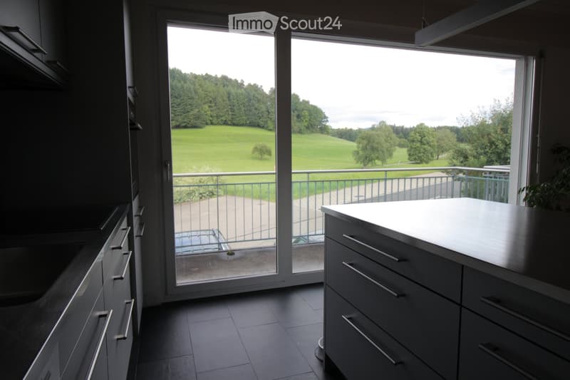 Modern kitchen with dark cabinets, a central island, and large windows offering a scenic view of a green field and trees.