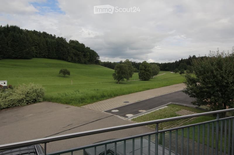 View from a balcony showing a green, hilly landscape with trees, a paved driveway, and a parking area.