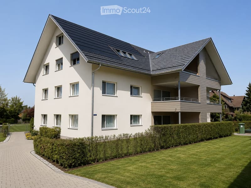 Two-story modern house with white walls, grey roof, multiple windows, and a balcony on the upper floor. The house is surrounded by a well-maintained lawn, hedges, and a paved driveway.