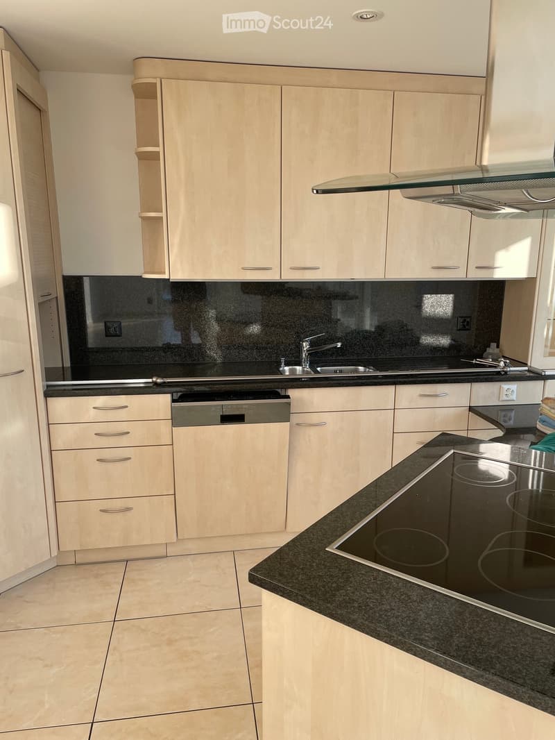 Modern kitchen with light wood cabinets, black granite countertops, stainless steel sink, electric stove, and built-in dishwasher.