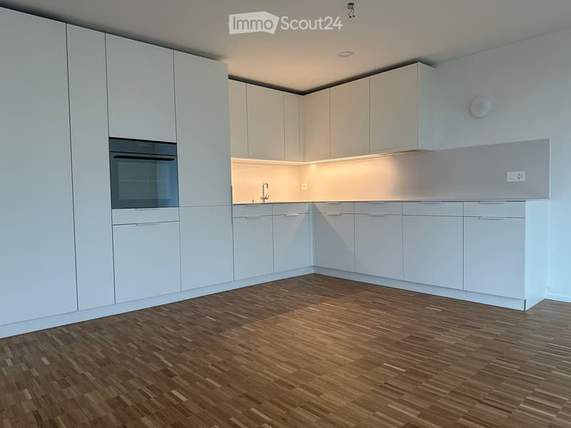 Modern kitchen with white cabinets, wooden flooring, and built-in oven.