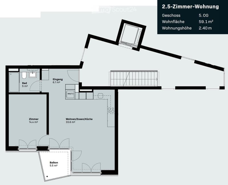 Floor plan of a 2.5-room apartment on the 5th floor with a total area of 59.1 m² and a ceiling height of 2.40 m. Layout includes a living/dining/kitchen area (33.6 m²), a bedroom (14.4 m²), a bathroom (5 m²), a hallway (6.1 m²), and a balcony (5.5 m²).