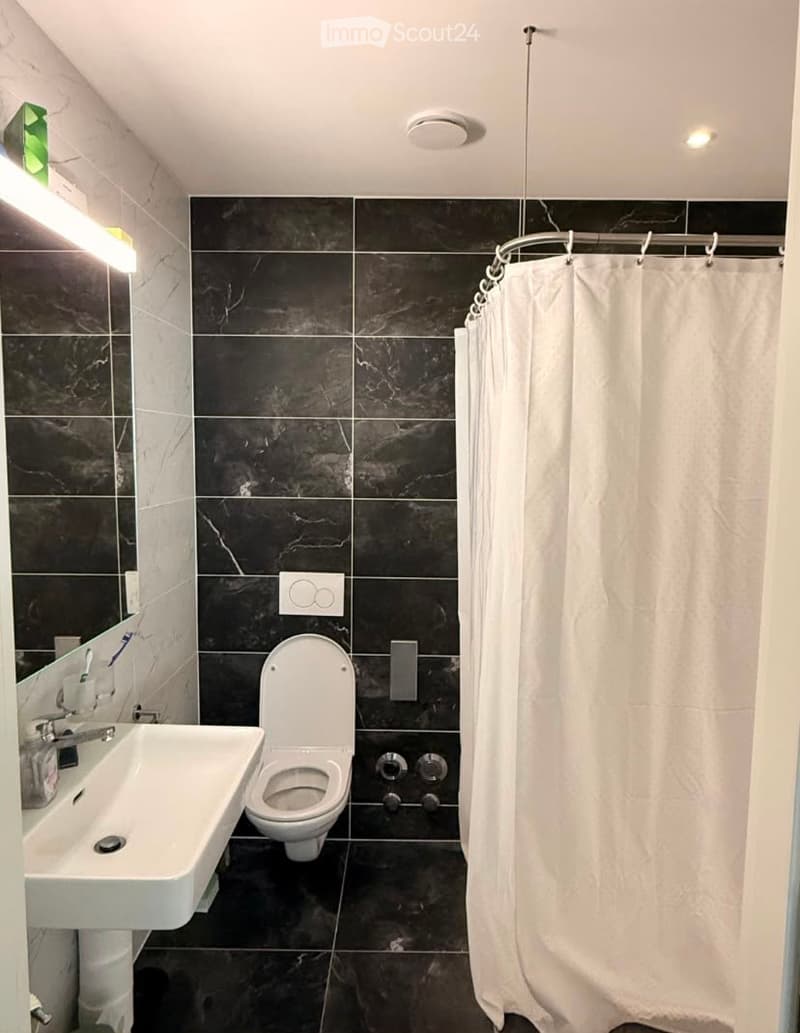 Modern bathroom with black marble tiles, white sink, toilet, and a shower area with a white curtain.