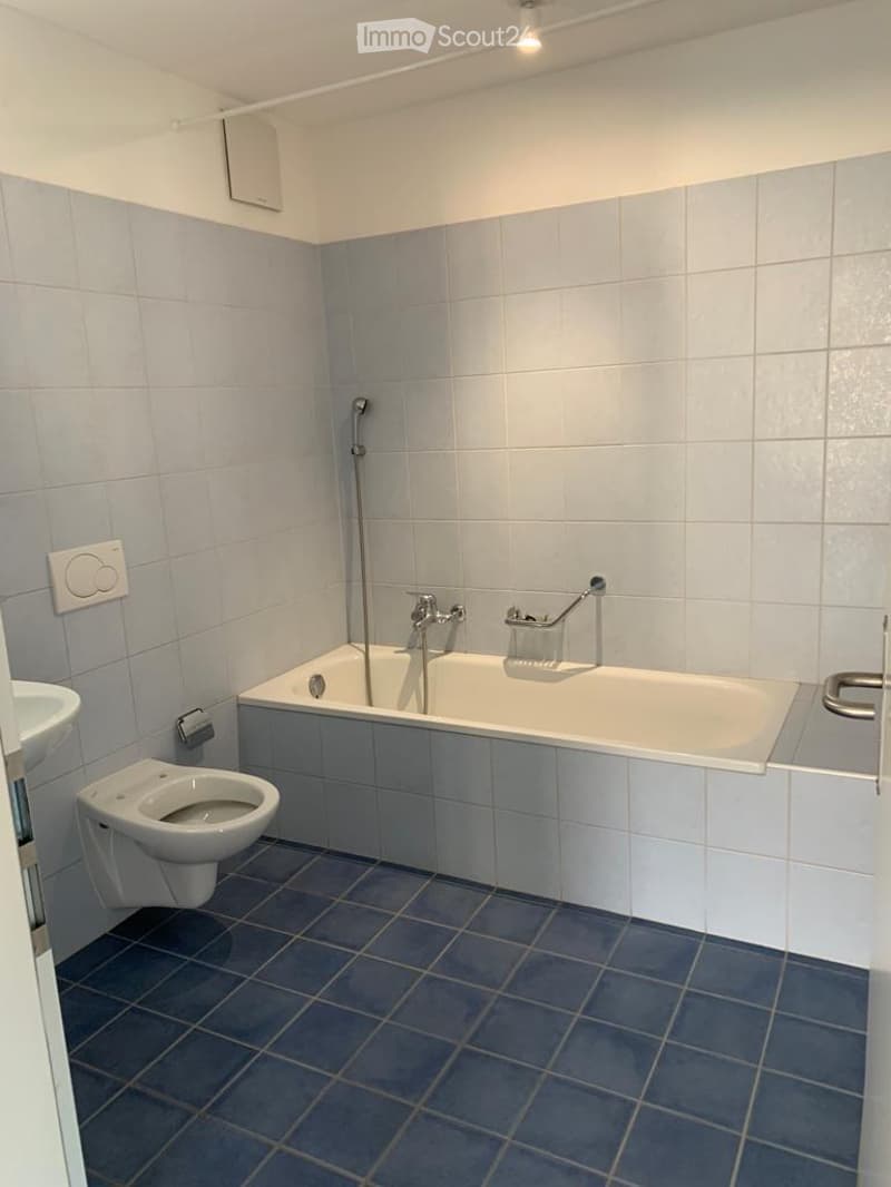 Modern bathroom with a bathtub, toilet, and showerhead. Light blue tiles on walls and dark blue tiles on the floor.