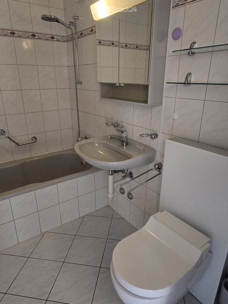 Bathroom with a toilet, sink, bathtub, and mirror. Features tiled walls and floor, with a handrail near the bathtub.