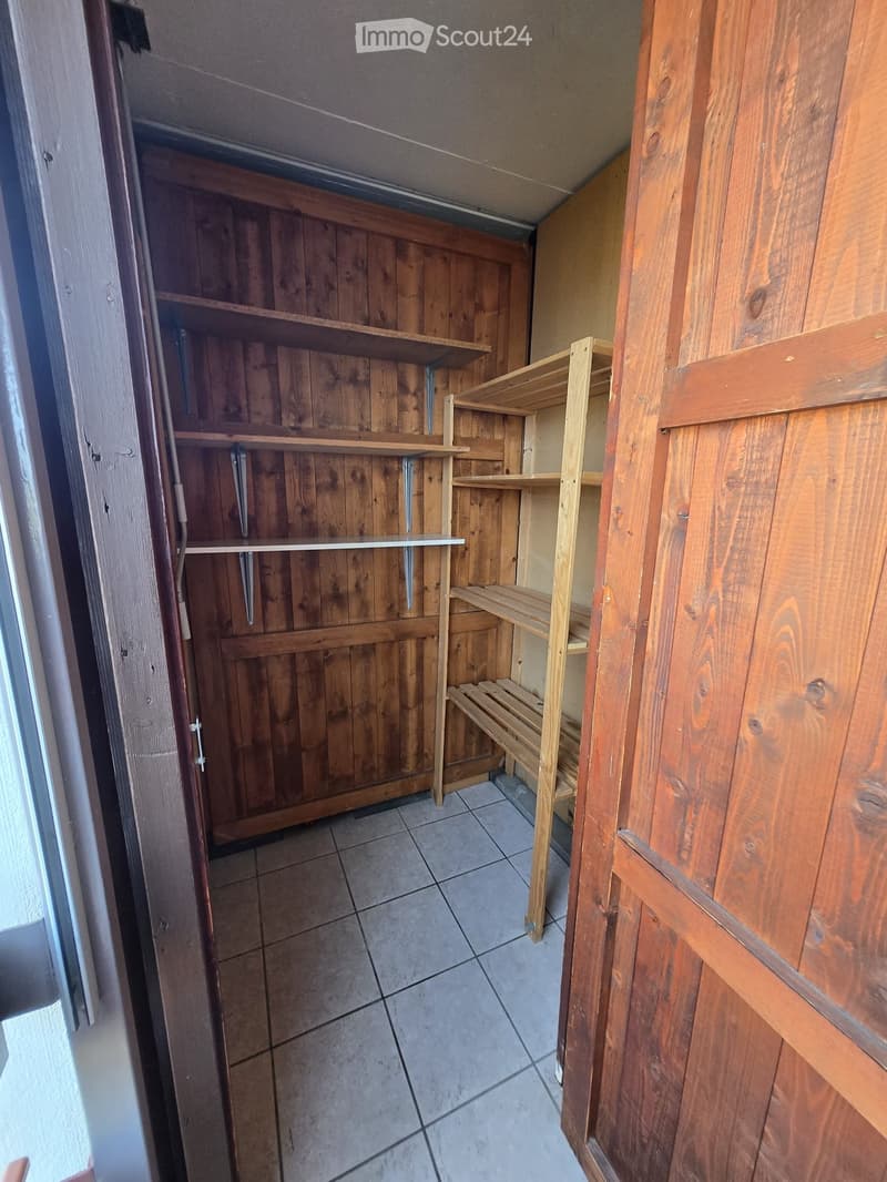 Empty room with wooden shelves and a tiled floor, no furniture or equipment present.