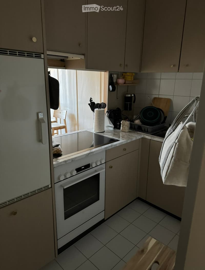 Modern kitchen with light gray cabinets, white tiled floor, and marble countertop. Features include a built-in oven, refrigerator, sink, and various kitchen utensils and appliances.